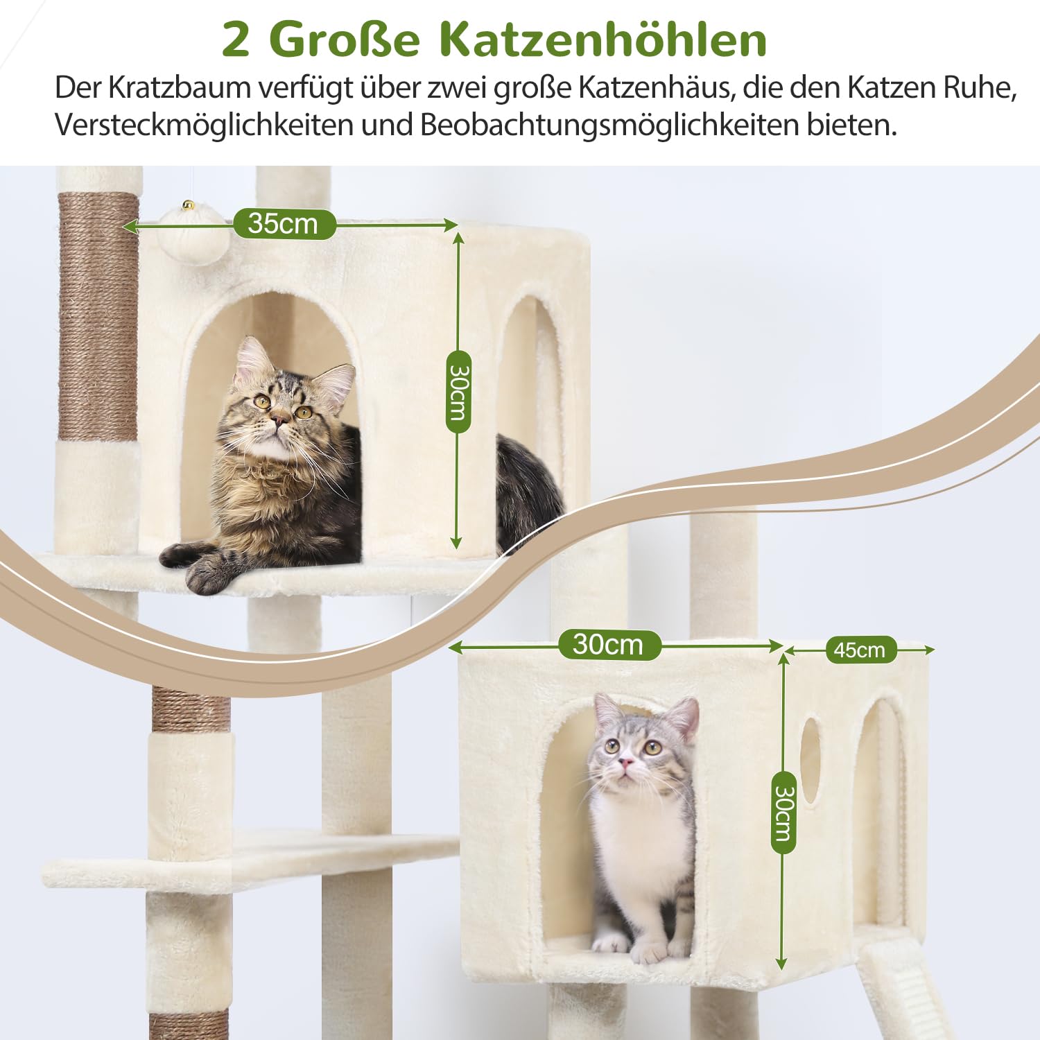 Globlazer F70 Pro Kratzbaum Groß Beige 180cm mit hängematte für 2-4 Katze | XXL Stabil Katzenbaum mit 2 Katzenhaus, Gepolsterte Plattformen, Kratzrampe Sisal, für Große Katzen Ausruhen Spielen