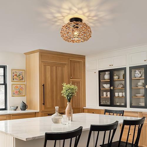 Miniatura 8 de foucasal Lámpara de techo de ratán, lámpara de techo semiempotrada de mimbre tejido, lámpara de techo de ratán bohemio costero para casa de campo,