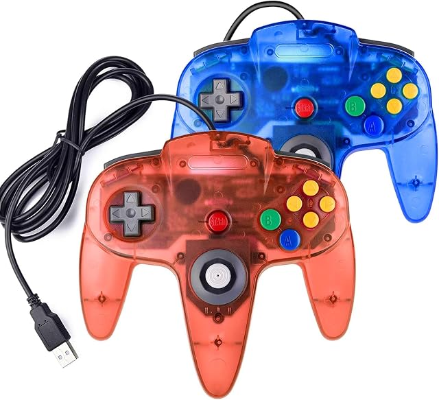 2 Pack USB Retro Controllers for N64 Gaming, miadore PC Classic N64 Game Pad Joypad for Windows PC MAC Raspberry Pi (Clear Blue& Red)
