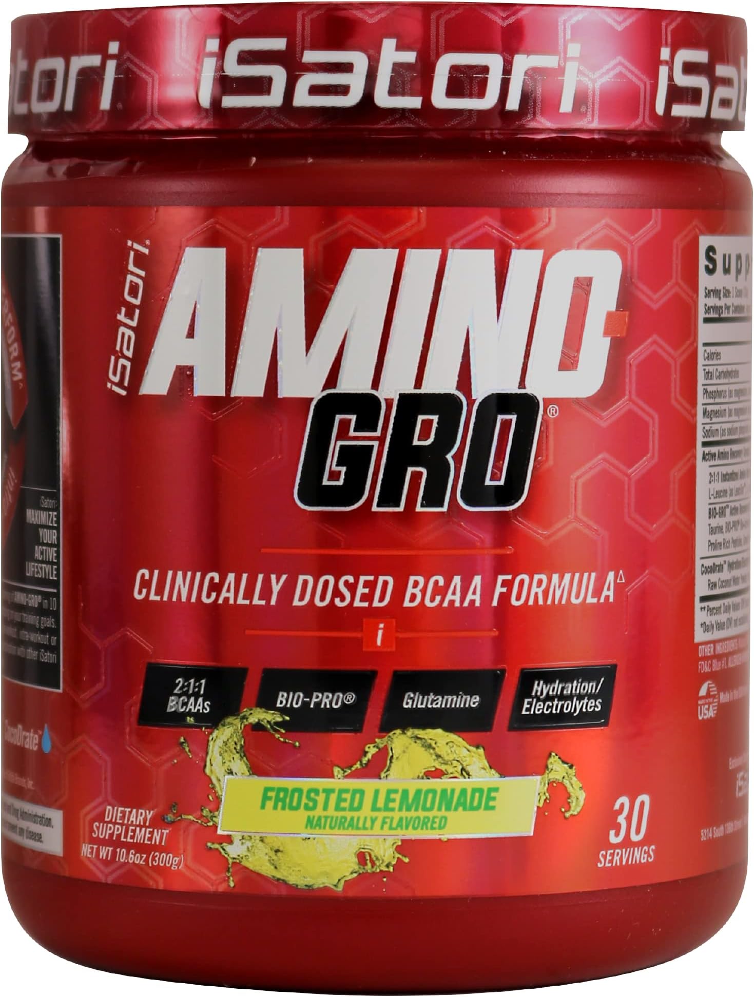 Amino-GRO BCAA Powder, Branched Chain Amino Acids with Glutamine, Electrolyte Powder & Bio-GRO Bio-Active Peptides for Muscle Growth & Post Workout Recovery, Frosted Lemonade (30 Servings)