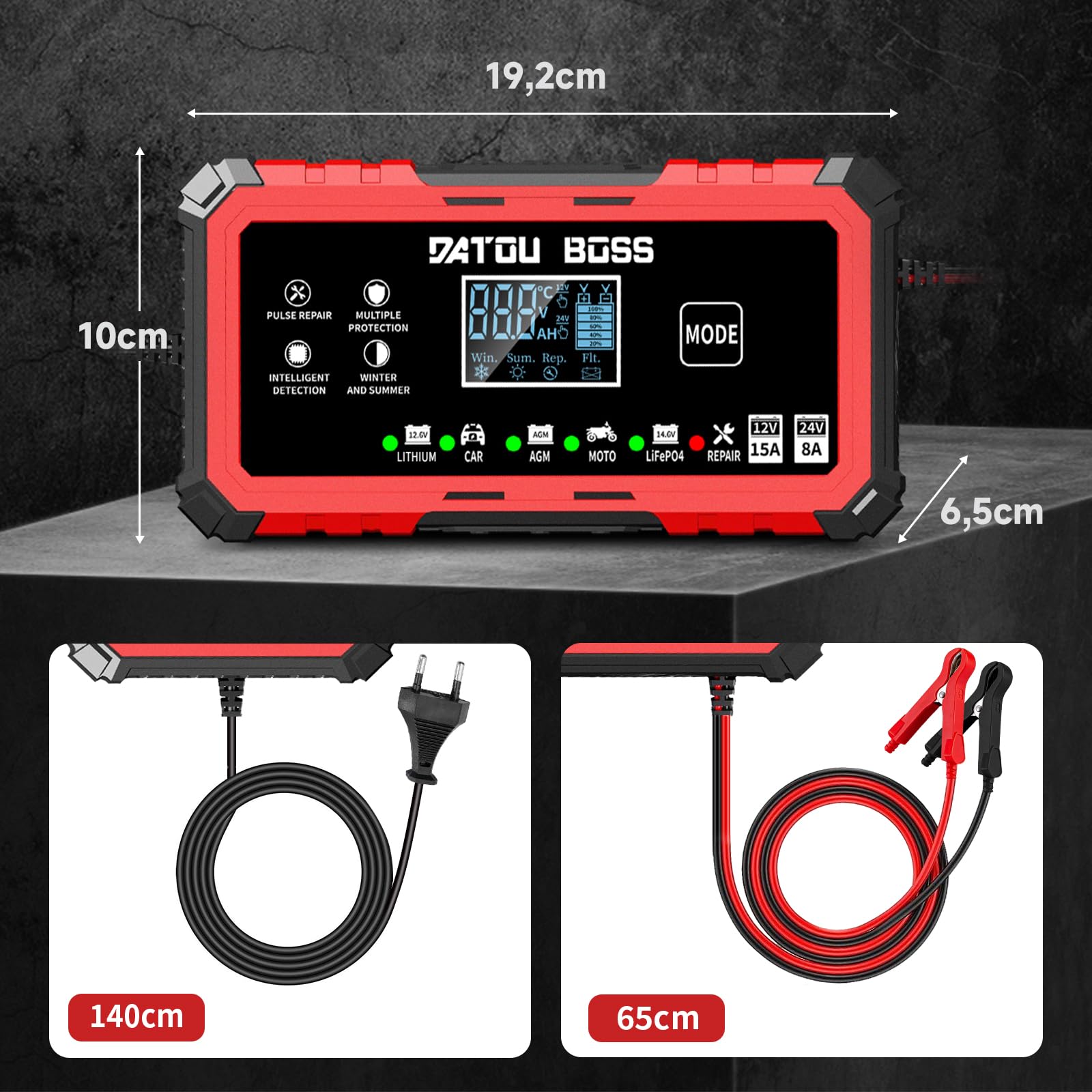 DATOUBOSS Cargador de Batería de Coche 15A 12V/24V, Cargador Baterias Coche Inteligente con Reparación y Compensación Térmica, para Moto Coche Barco, para LiFePO4 Plomo-Acido AGM Gel (12V 15A/24V 8A)