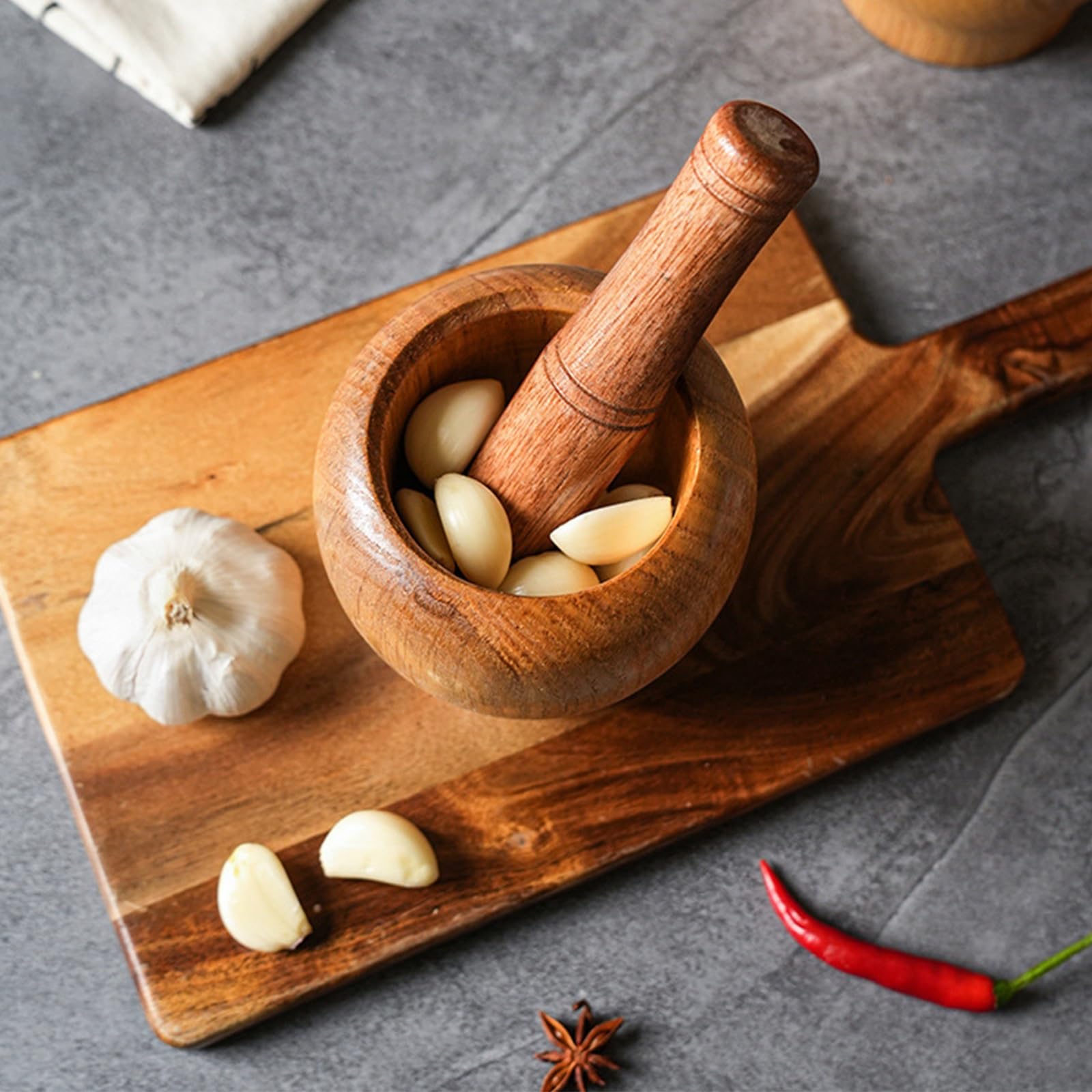 Vnook Haushaltsmühle Stampfer, Knoblauchginger Mühle, Mörsermühle, Knoblauch Stampfer, Holzmörser und Stößel Set, Gewürz Stampfer, Für Mahlen Knoblauch, Nüssen Gewürzen(11.5x11.2cm)
