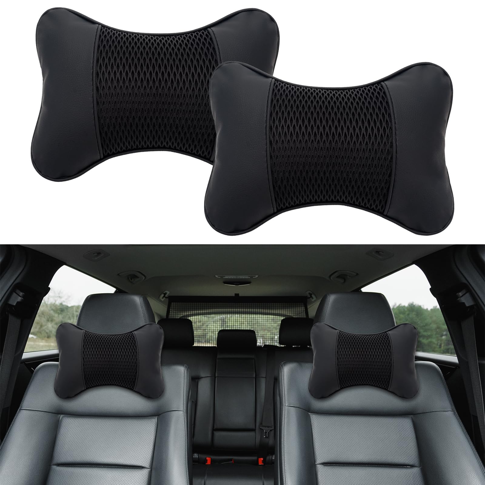 HIAHXC 2 Stück Auto Nackenkissen Kopfstütze, Ergonomische Nackenstütze Auto mit Memory Foam, PU-Leder Autositz Kopfkissen 28x18cm für Autofahren, Reisen, Büro (Schwarz)