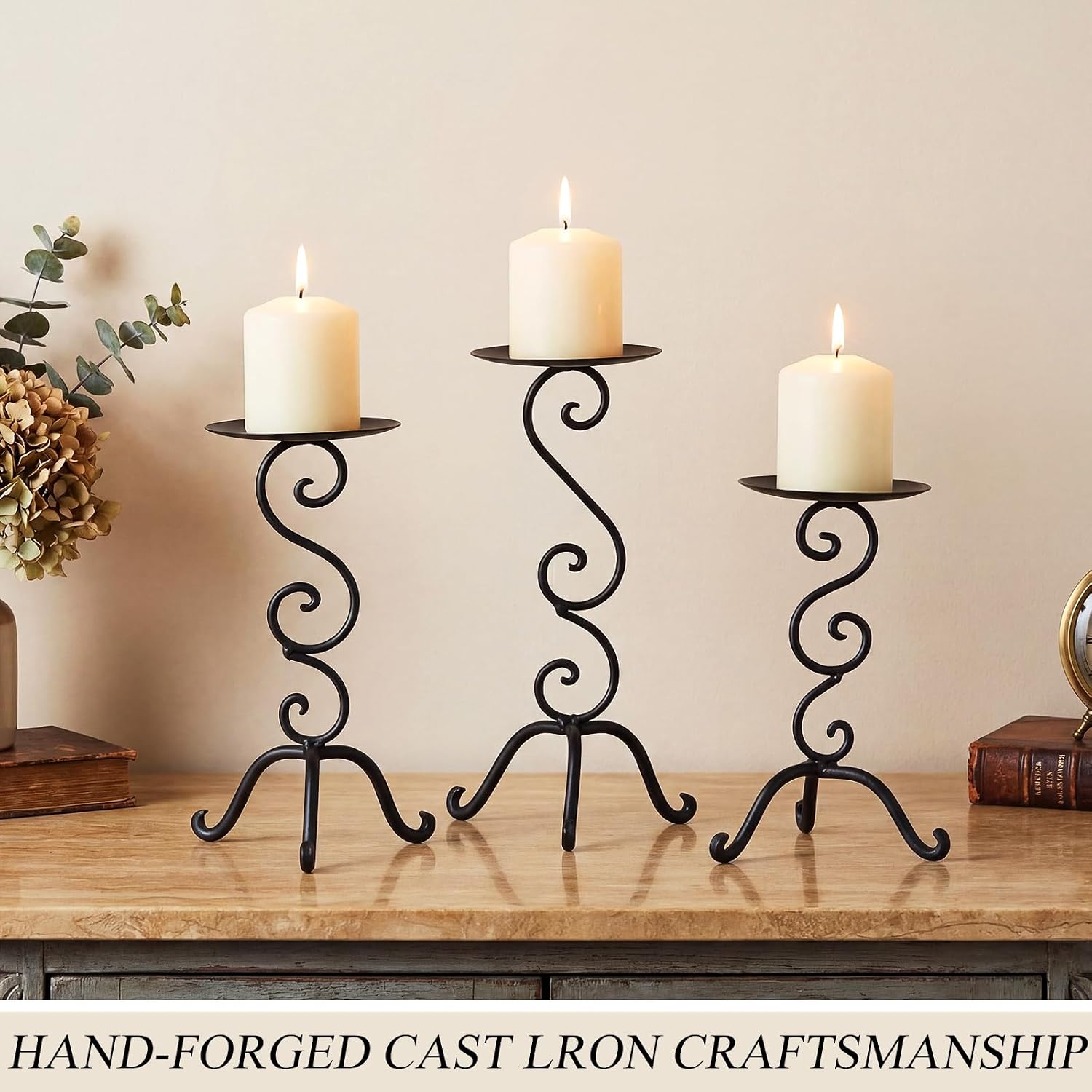 3 Pcs Black Iron Candlestick Holders 11.8,9.8,6.3 Inch, Antique