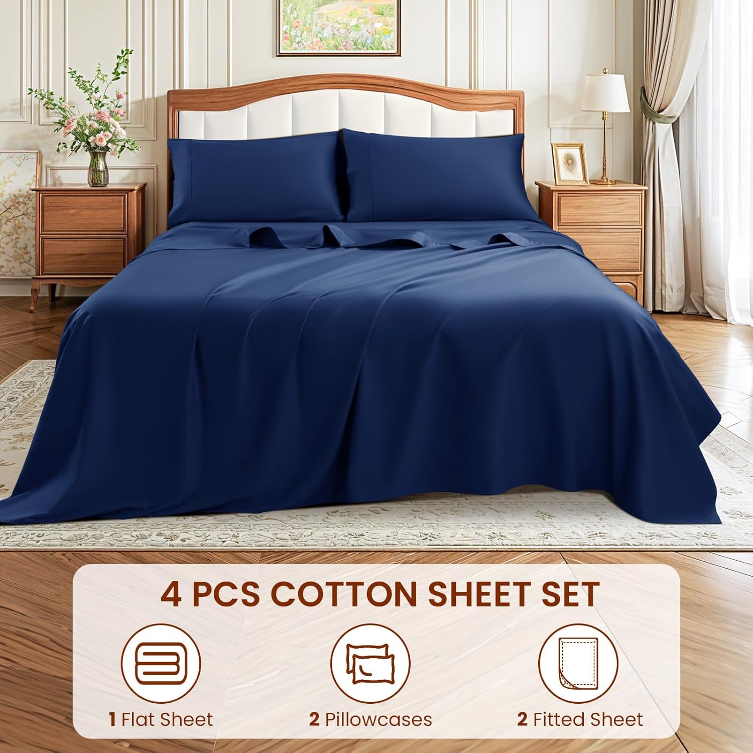 LBRO2M 1500 Thread Count Sheets 100% Egyptian Cotton Sheets Set 16 Inches Deep Pocket Queen Size Bedding 4 Pcs Sets (Queen, Navy Blue)