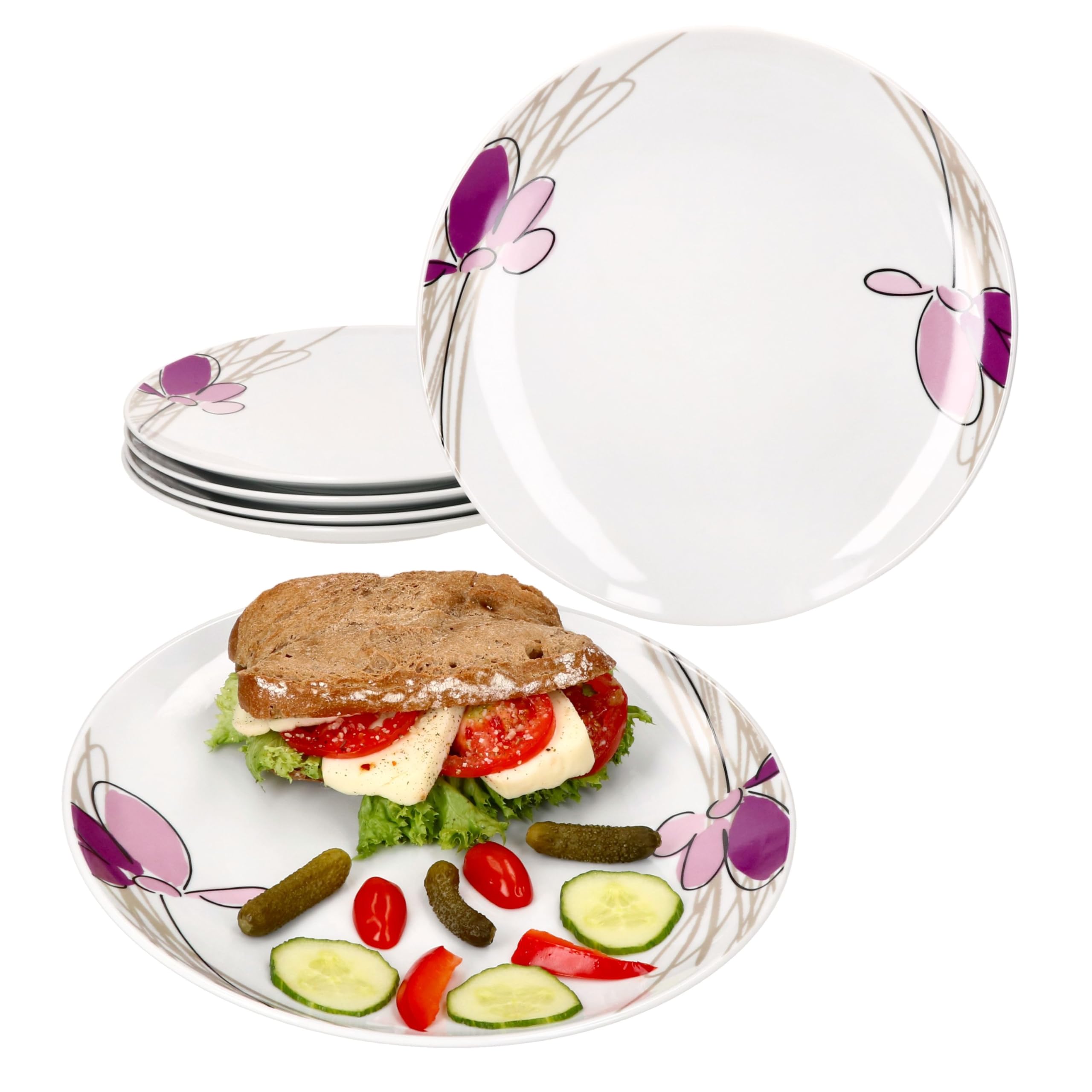 MamboCat 6-delig set White Calla eetborden | Florele stijlvolle porseleinen eetborden met bloemendecor voor 6 personen | grote borden voor hoofdmaaltijden, voor het grillen & Co