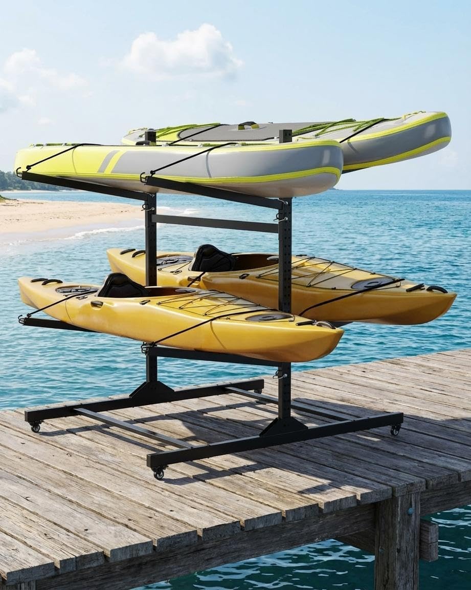 4-Kayak Storage Rack, Heavy Duty Steel Freestanding Kayak Stand with Lockable Wheels, Paddleboard and Canoe Holder for Garage, Dock, or Indoor/Outdoor Use