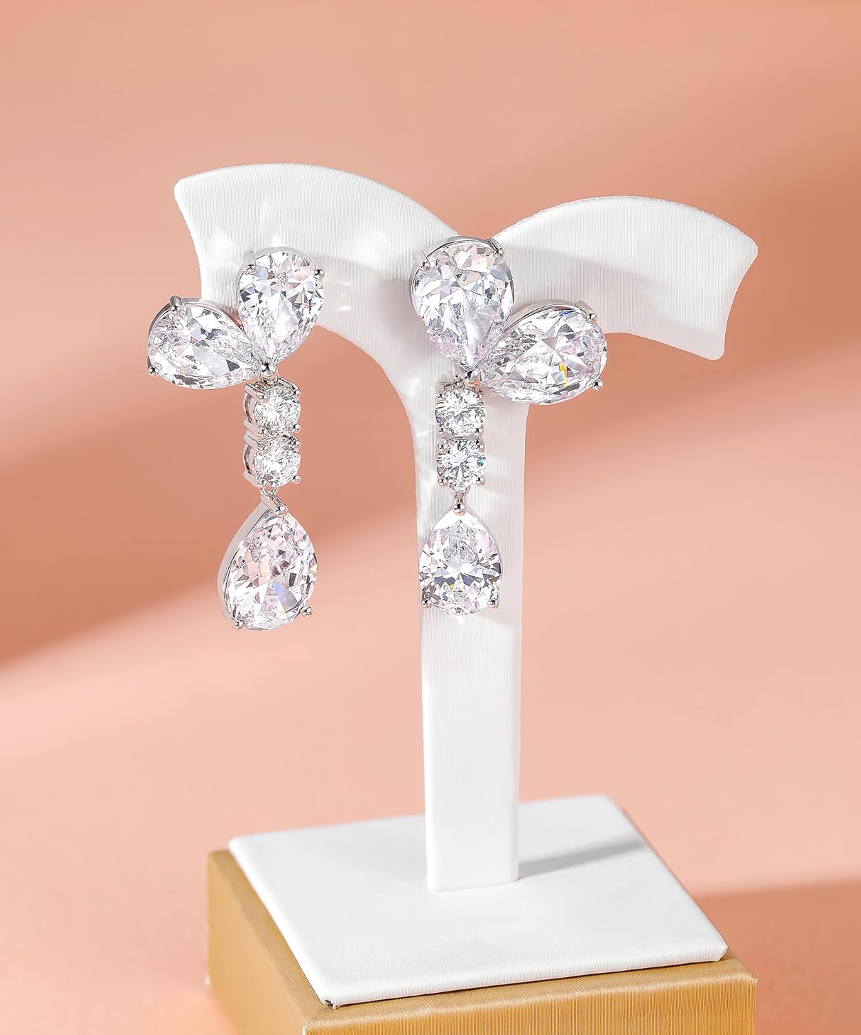 TIGRADE Wedding Earrings for Brides Bridesmaids- Love Heart Asymmetry Earrings Teardrop Dangle Earrings 925 Sterling Silver Post Drop Earrings for Prom, Pageant, Formal Party, Silver - Image 2