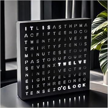 Desk Electronic Clock, LED Light-Up Word Clock, Luminous Text Display Time, 6 Inch Square Dial, for Contemporary, Living Room, Bedroom, Home, or Office Lightup Decor