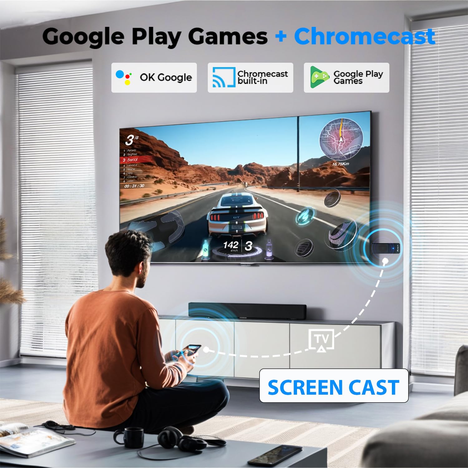 GREVA Android TV Stick 4K Ultra HD-Streaming-Gerät, 2025 Neuestes Android 14.0 TV-Stick Box 2 GB 16 GB HDR/AV1/2,4G/5G WiFi/BT 5.0, Smart Streaming Media Player mit Assistant Sprachfernbedienung