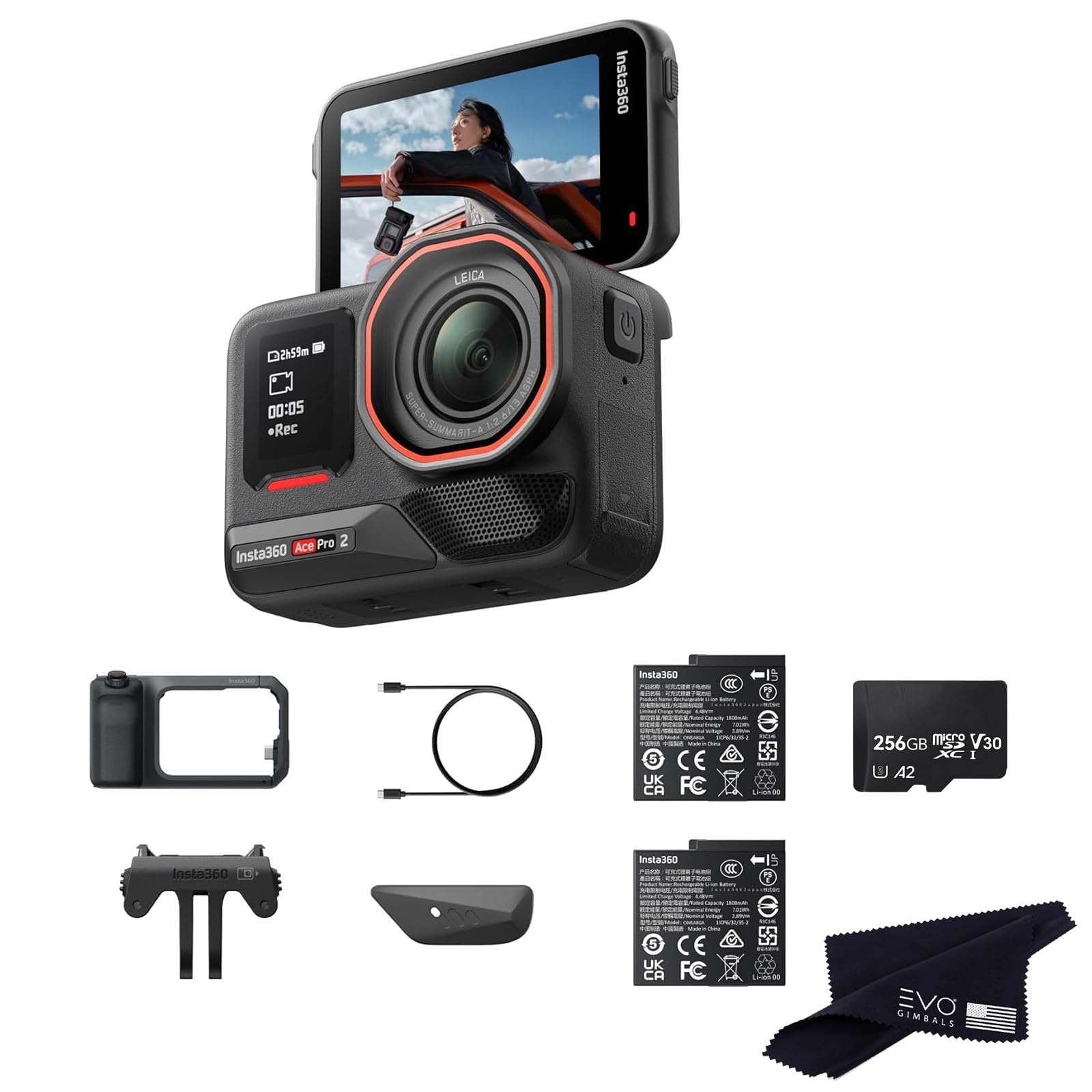 Insta360 Ace Pro 2 Dual Battery Xplorer Pro Bundle with 256GB Card- 8K Waterproof Action Camera Co-Engineered with Leica, Flagship 1/1.3" Sensor,