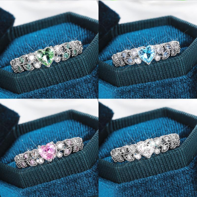 RKKOJJO 925 Sterling Silver Cubic Zirconia Ring Heart Green Diamond Ring Engagement Ring Wedding Band Rings for Women - Image 3