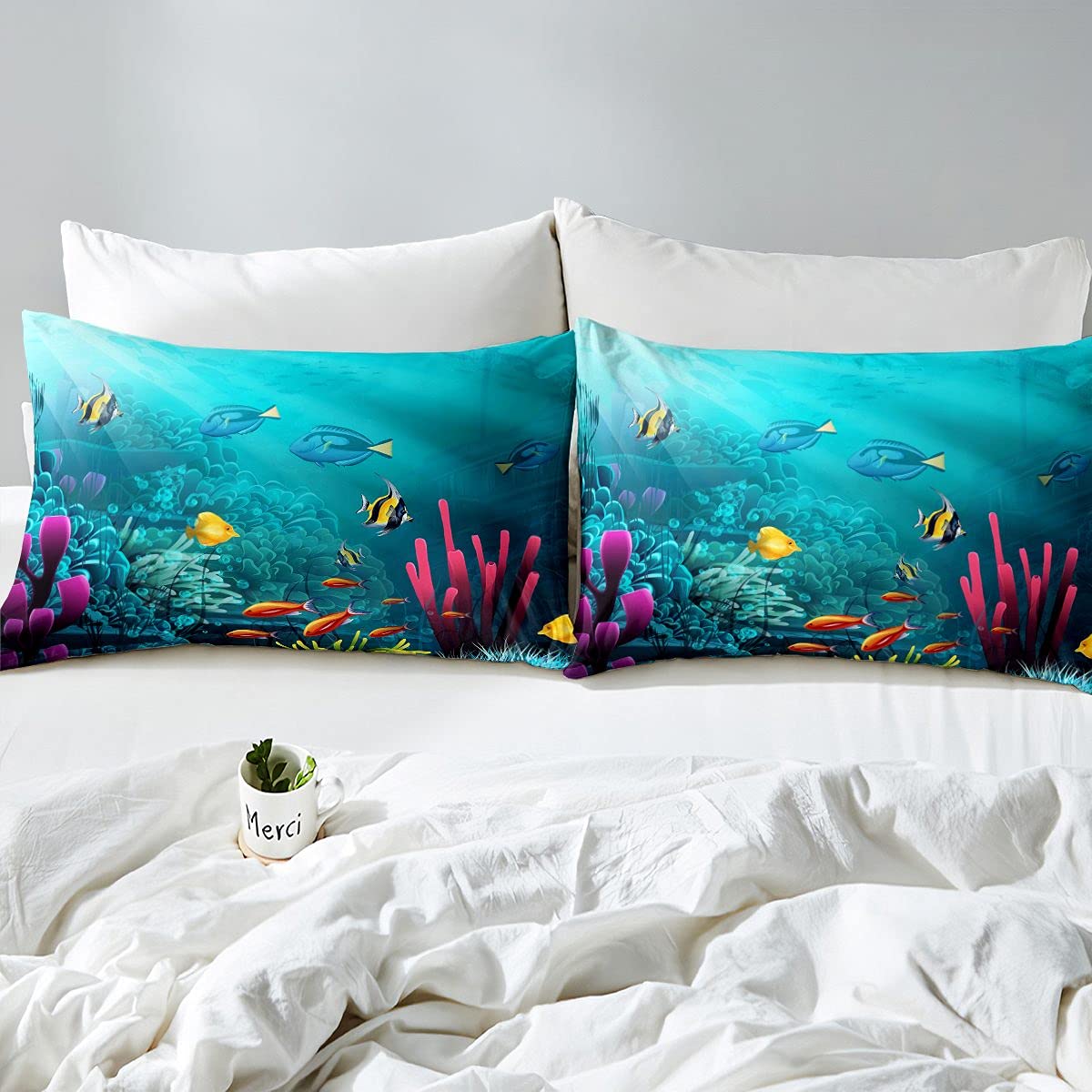 Set di lenzuola mare lenzuolo con angoli per ragazzi, ragazze, bambini, adolescenti Ocean Marine Bed Cover Ombre Effetti King Size con 2 federe