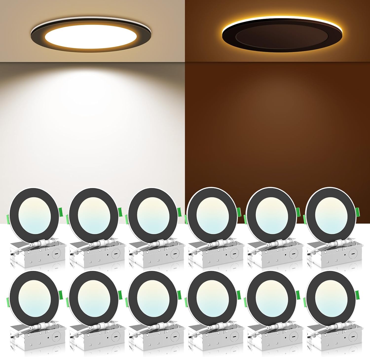 ALUSSO® Recessed Light with Night Light 5 CCT 4 Inch 12 Pack, Dimmable Recessed Lights 2700K/3000K/3500K/4000K/5000K Selectable Ultra-Thin Led Recessed Lighting, Recessed Lighting 9W 750LM Black