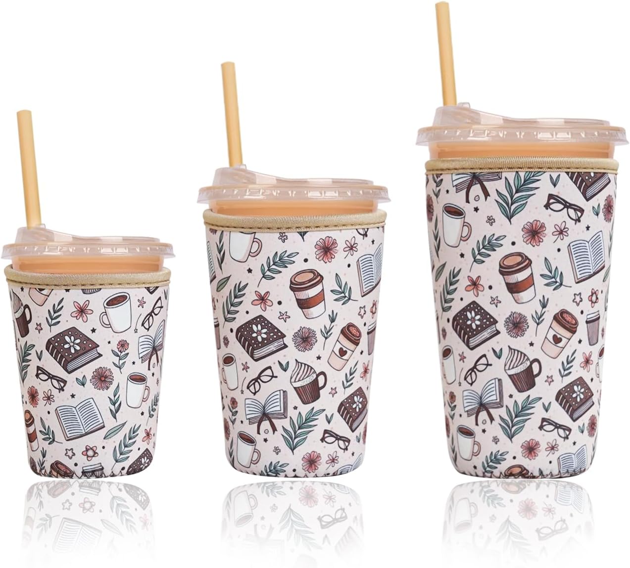 Reusable Insulated Sleeve for Iced Coffee Cup, 3-Pack Coffee Neoprene Drink Sleeve for Cold & Hot Drinks, Beverage Holder for Iced Coffee (Cafe Books)