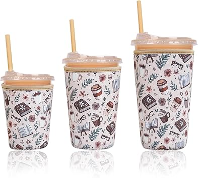 Reusable Insulated Sleeve for Iced Coffee Cup, 3-Pack Coffee Neoprene Drink Sleeve for Cold & Hot Drinks, Beverage Holder for Iced Coffee Cafe Books