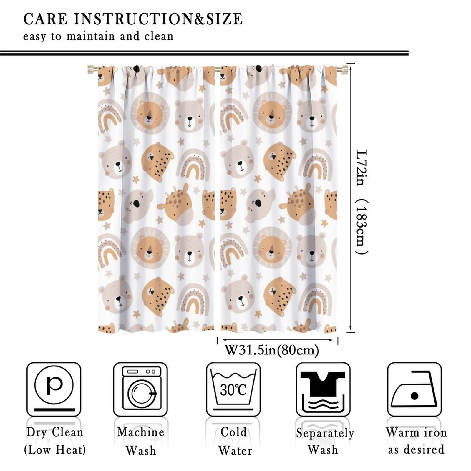 Cartoon Boho Animal Curtains,Funny Forest Safari Print,Cute African Wildlife Koala Giraffe Lion Leopard Bear Rainbow Blackout Window Drapes for Boys Girls Kids Baby Child Bedroom 63x72in
