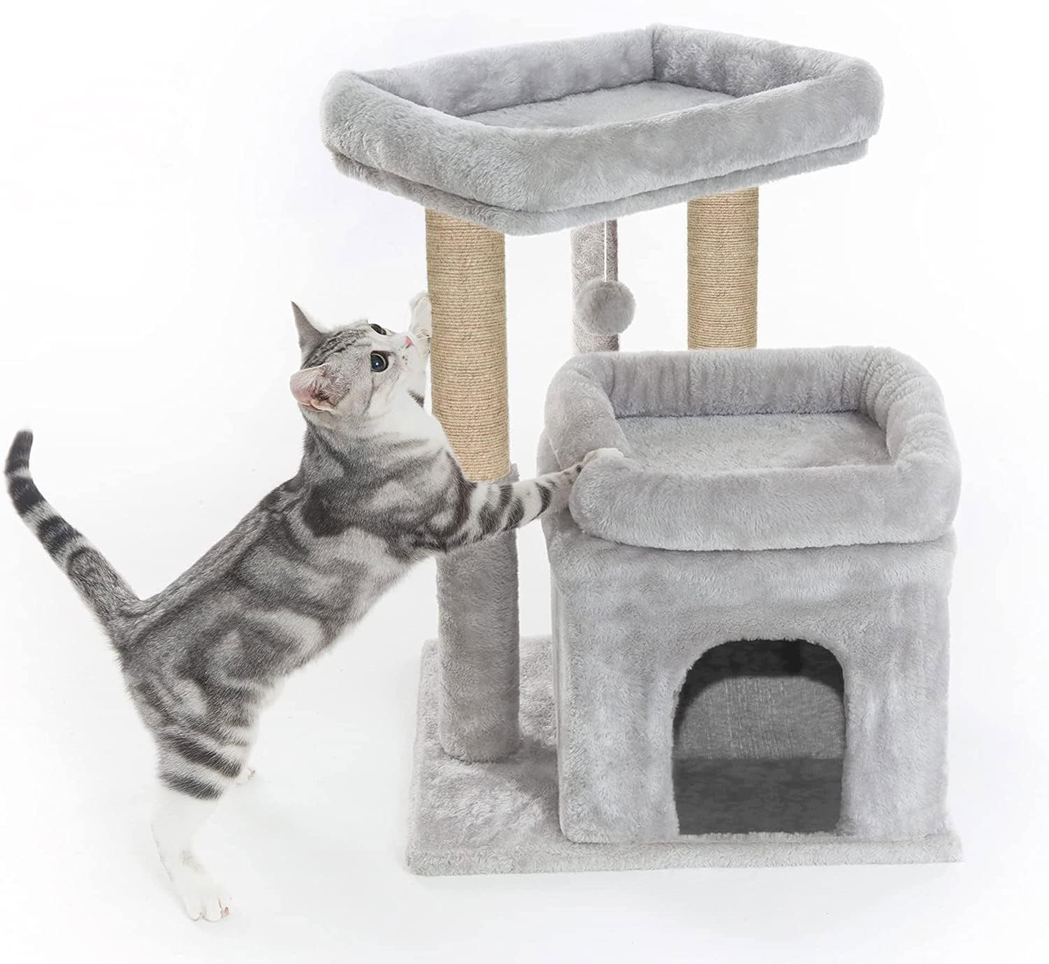Purrway Fur Fabric Kitten Cat Tree - Condo | Scratching Posts | Detachable Beds | Hanging Ball | Removable Cover (Medium) (Height 22 Inch) (Grey - FURR-26) (B0D17V8WLG) Amazon Price History, Amazon Price Tracker
