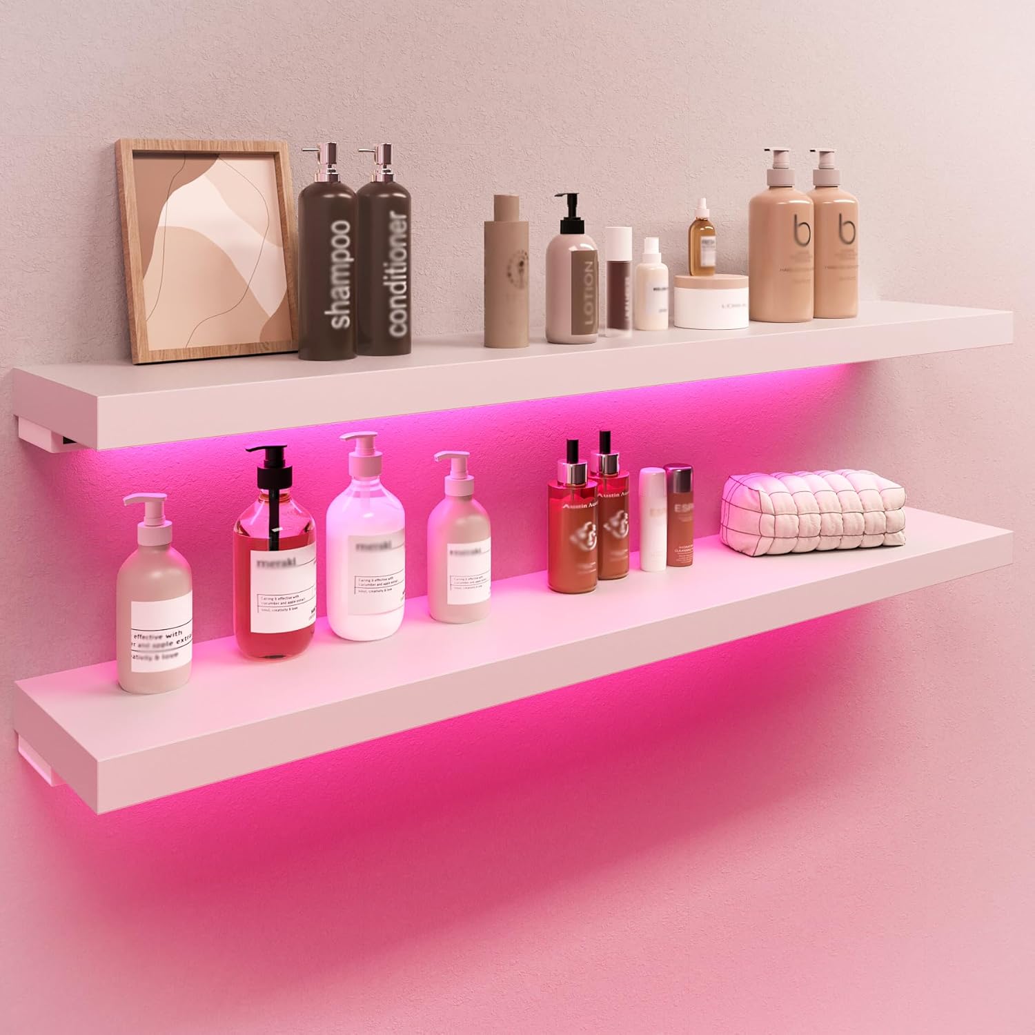 BAMEOS RGB LED Floating Shelves for Wall, 35" Wall Mounted Wooden Shelves with Invisible Brackets, Set of 2, Hanging Wall Shelves for Bedroom, Living Room, Kitchen, Study (White) 35 x 7 White-rgb