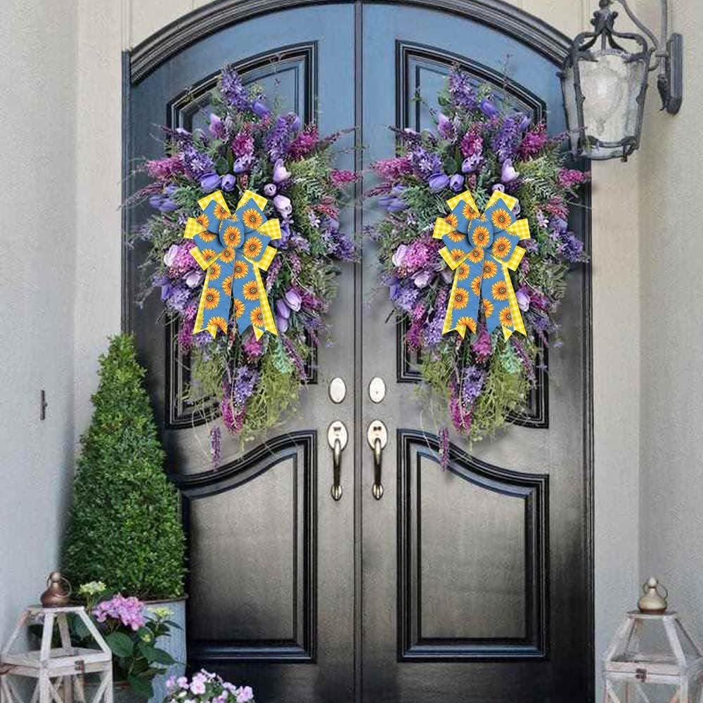 2 Pieces Spring Sunflowers Bows for Wreath, Summer Wreath Bows Yellow White Buffalo Plaid Bows Blue Burlap Bows Holiday Craft Bows for Front Door Birthday Party Farmhouse Decorations - Image 5