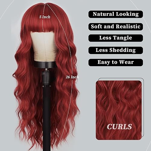 Miniatura 2 de Lativ Peluca roja con flequillo, pelucas rojas largas para mujer, 26 pulgadas, cabello rizado y ondulado, aspecto natural, peluca de fibra