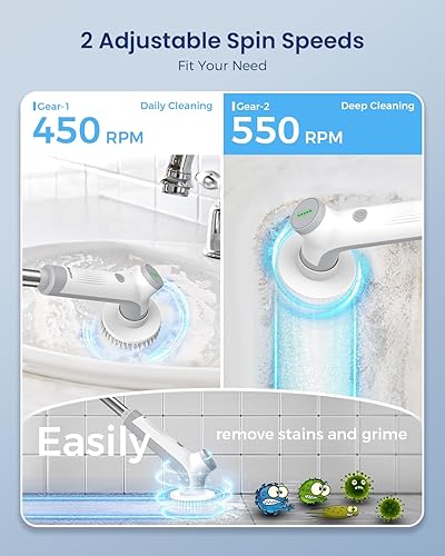Miniatura 4 de VEWIOR Limpiador eléctrico giratorio, cepillo de limpieza inalámbrico con pantalla y 3 ángulos ajustables, 2 velocidades, 5 cabezales de cepillo