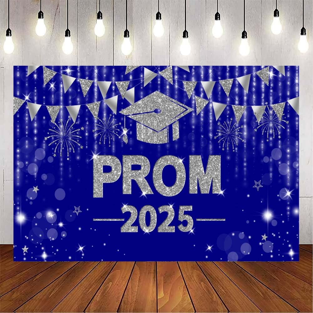 VanillaBay Prom 2025 Banner Blue Silver Graduation Class of 2025 Backdrop Congrats Grad Prom Party Decorations Supplies Photography Background (Blue