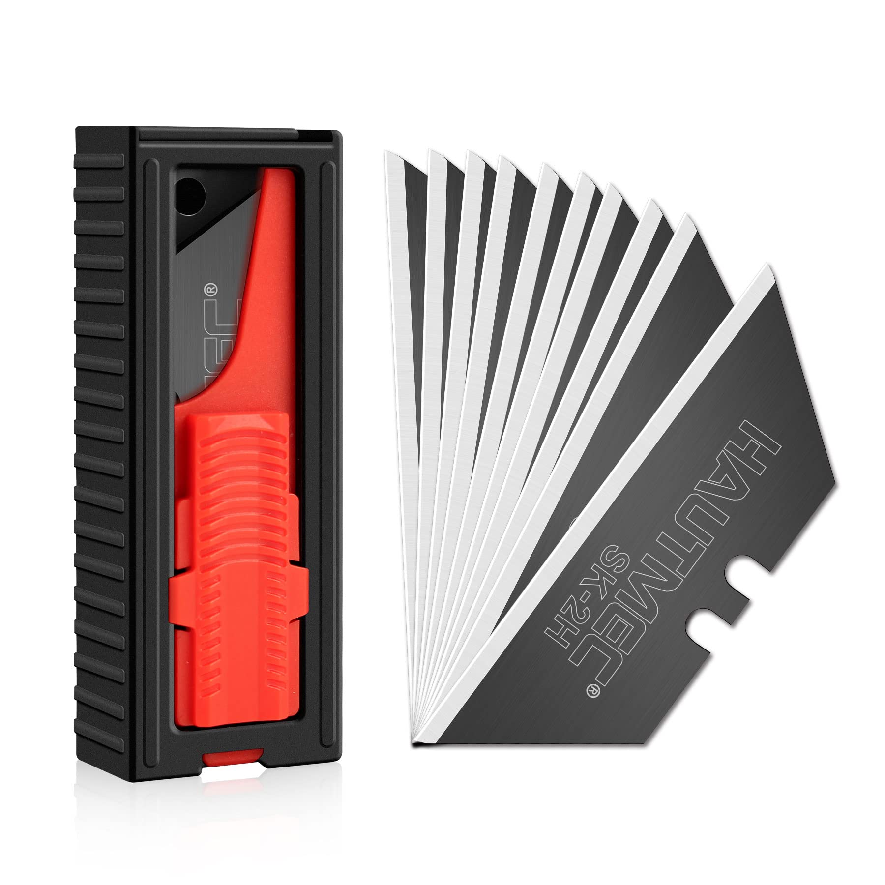 HAUTMEC Utility Knife Blades 10-Pack, Ultra-Sharp SK2H Black Rust-Resistant Blades with Safety Dispenser, Standard Size Replacement Blades for Box Cutters & Utility Knives - HT0265
