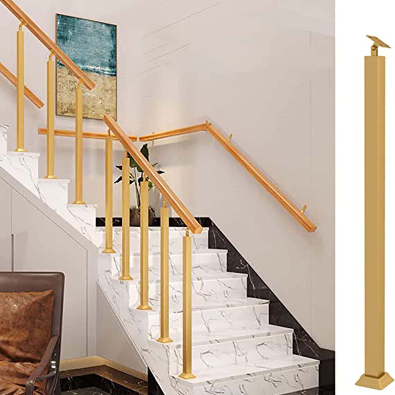 Lqsybhd Gold Stair Baluster Posts- 270° Adjustable Metal Railing Spindles With Flat Bracket Base And Screws Kits, Iron Posts For Deck Balcony Indoor Outdoor Decor(Size:95cm/38In,Color:gold)
