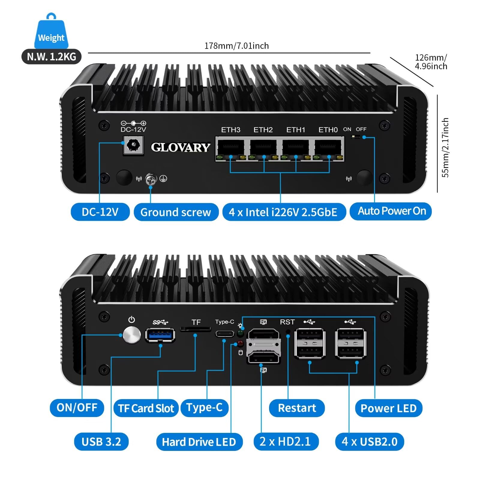 Firewall Mini PC J6413 4 Core, 4 x i226V 2.5GbE LAN OPNsense Router Micro Appliance, DDR4 8GB RAM 128GB SSD, AES-NI, Fanless Computer Hardware, 2 x NVMe Slot, 2 x SATA3.0, 2HD+USB-C 3 Display