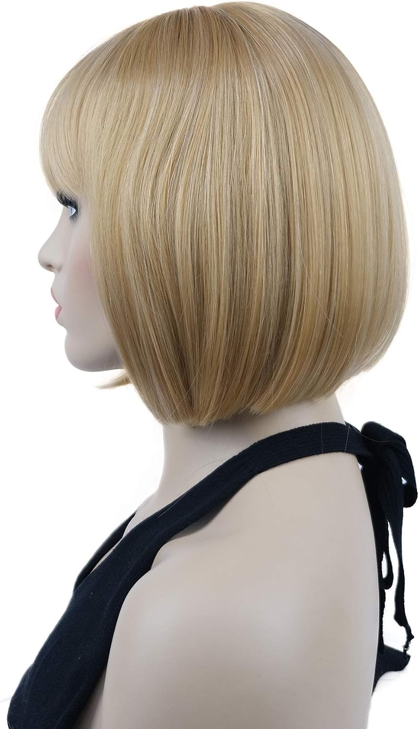 Lydell 8" Short Bob Hair Flat Bangs Cute Central Dot Skin Top Heat Resistant Synthetic Wigs (24B Light Butterscotch) - Image 5