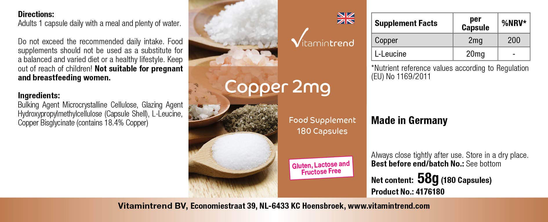 Vitamintrend rame 2 mg, 180 capsule, facili da deglutire, ad alto dosaggio, integratore alimentare vegano senza magnesio stearato, prodotto in Germania