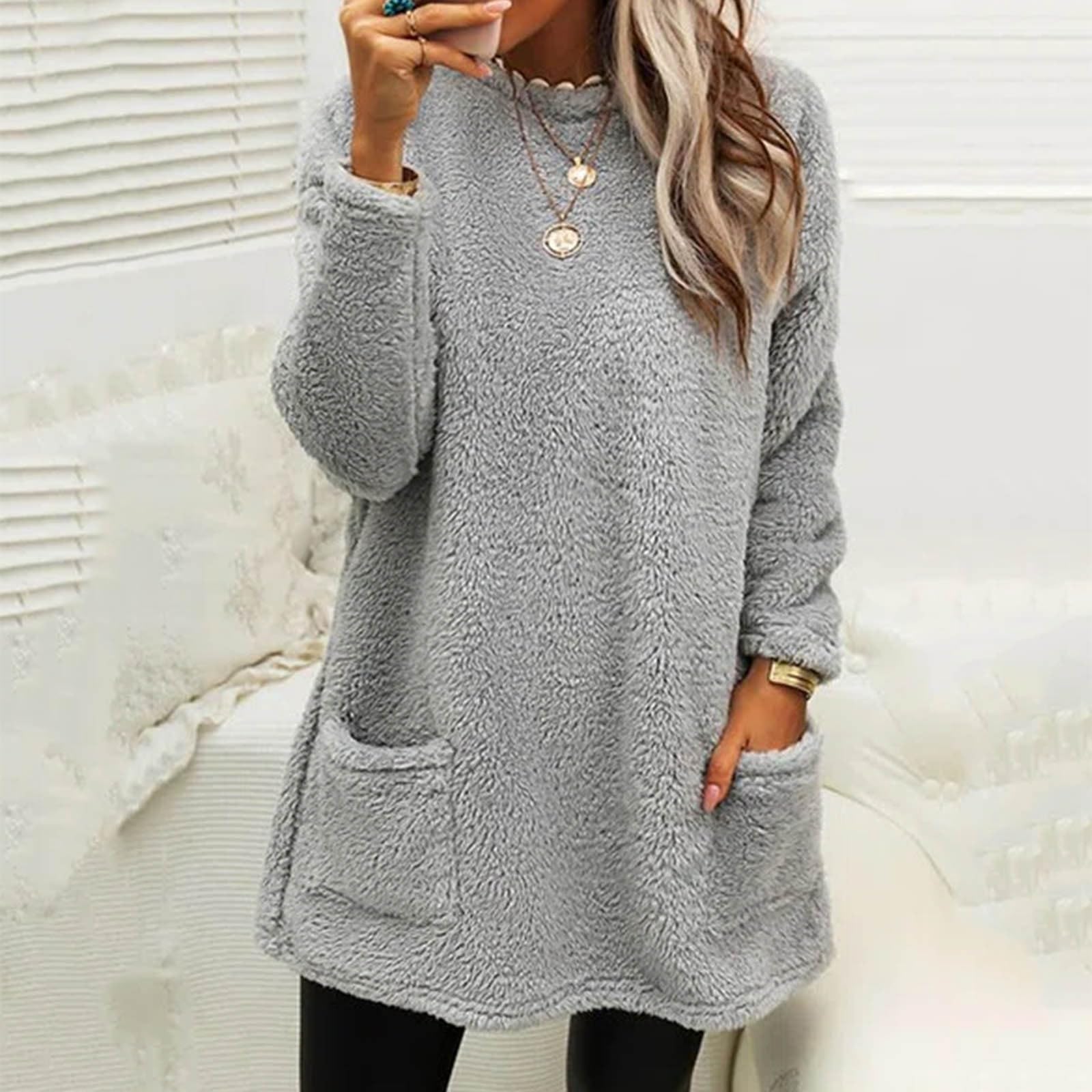 Sudadera De Mujer Casual Suéter Sin Capucha Top Largo De Manga Larga