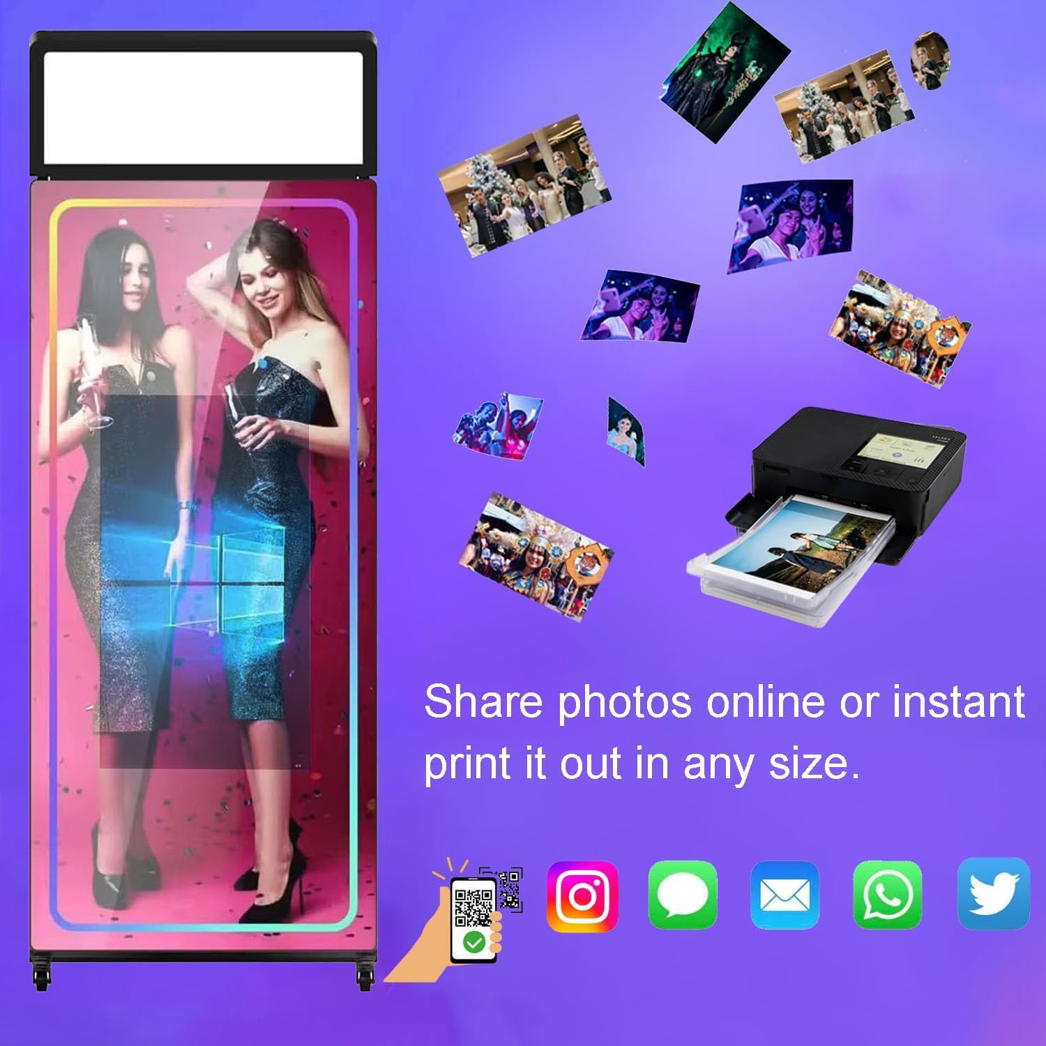 Magic Mirror Photo Booth 109.2 cm ekran dotykowy, aparat do fotobudki DSLR z kwadratowym światłem do selfie, ramka RGB, wbudowany mini PC, natychmiastowy druk na imprezy weselne (109 cm kompletny