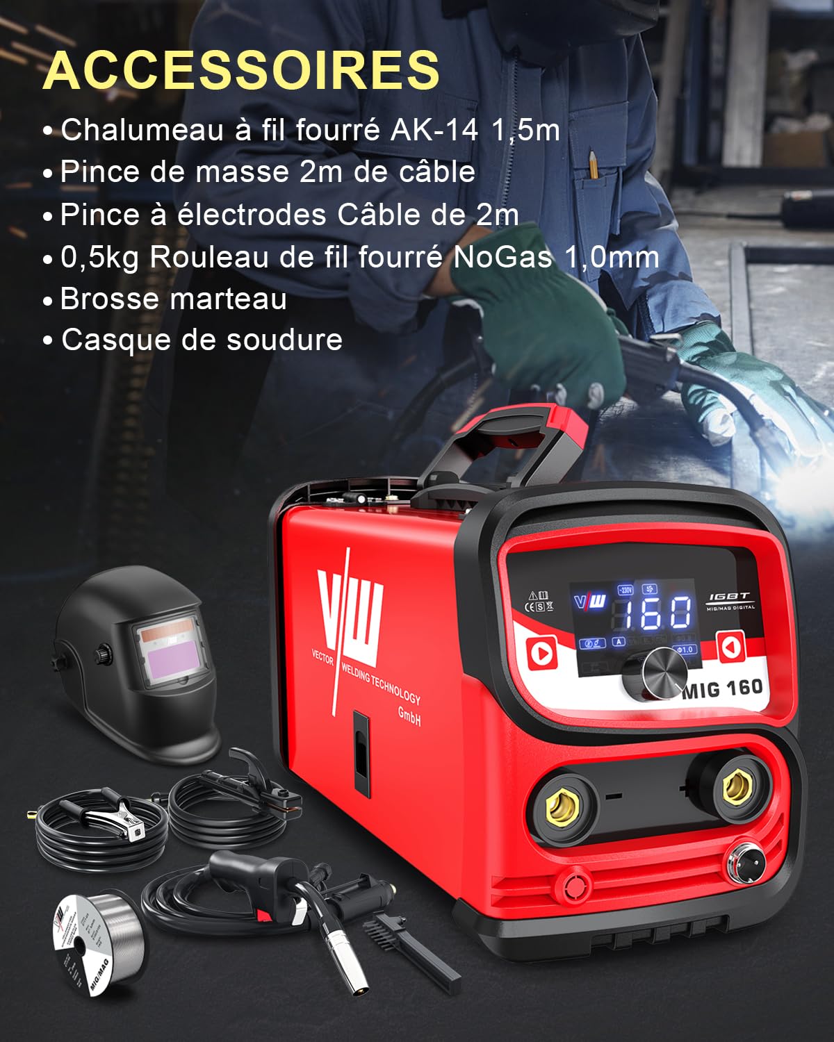 VECTOR WELDING Poste à Souder Fil Fourré Sans Gaz 160 A, Machine de Souder Inversor Mig Mag Portable avec écran LED, Soudeur à fil sans gaz MIG/MMA pour Débutants, IGBT MIG 160A Set