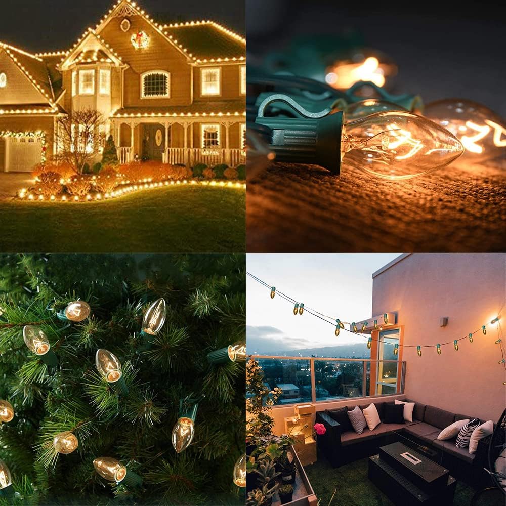 Couah SkrLights 25 Pack C7 Clear Bulbs Christmas Light Bulbs C7 Outdoor String Light Replacement Bulbs, C7/E12 Candelabra Base, 5 Watt-Clear