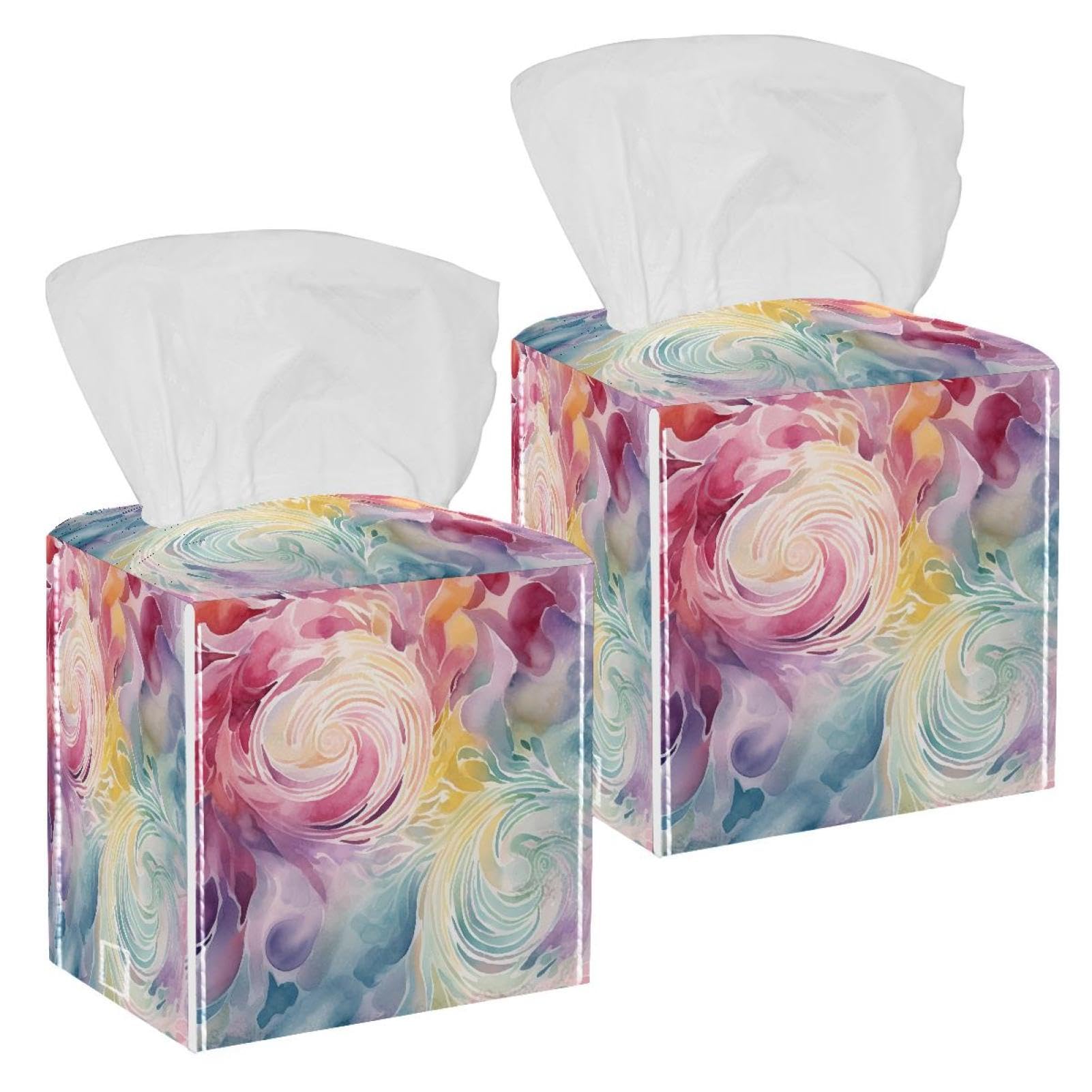 Swirl Colorful Tissue Box Cover, 2 Pack PU Leather Square Facial Tissue Dispenser Box holder for Home Office Car