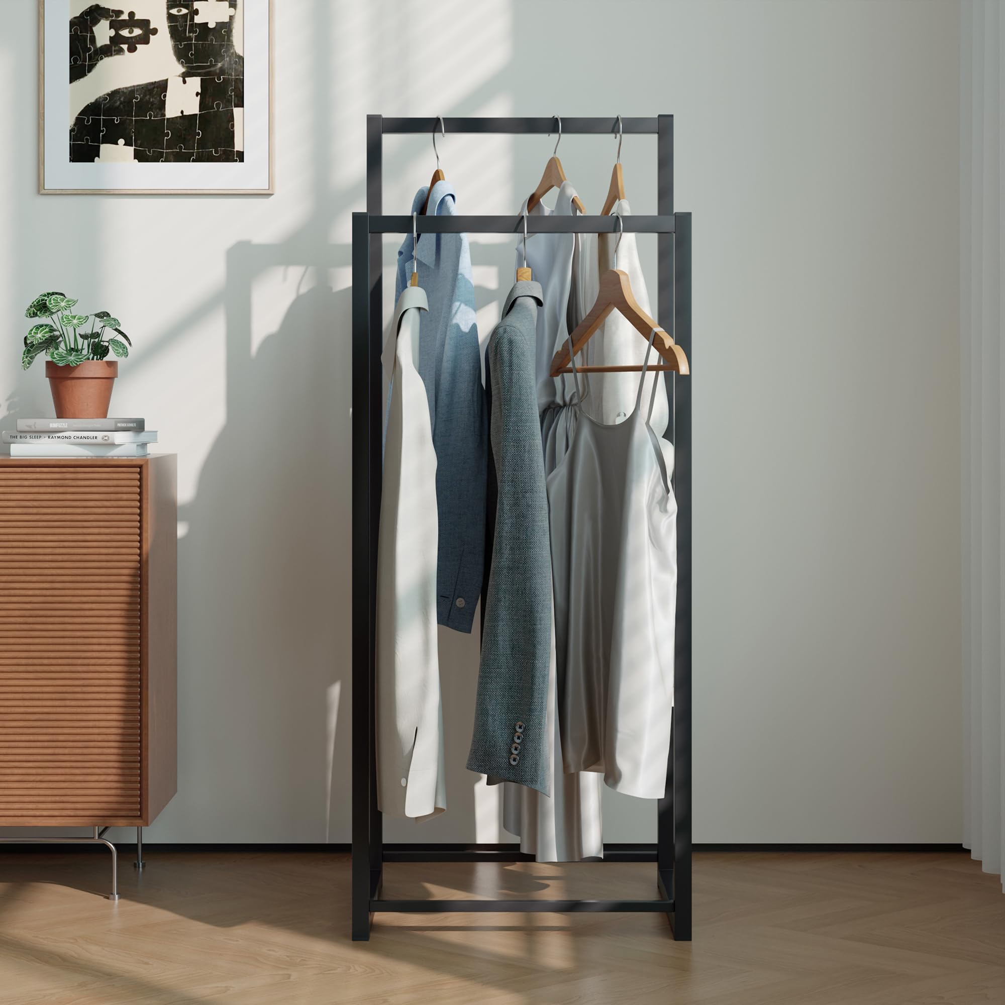 [en.casa] Stand Appendiabiti da Terra con 2 Barre Aste Porta Abiti in Altezze Diverse Organizzatore Guardaroba Vestitore 100 x 40 x 30 cm in Acciaio - Nero