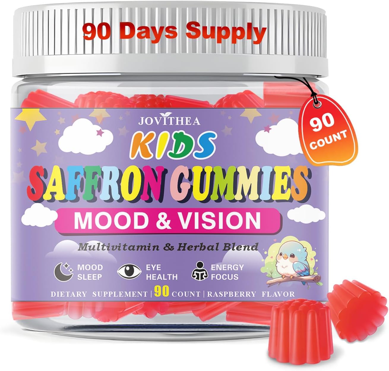 90 Count | Saffron Gummies for Kids, Calm Focus Gummies for Kids 4+, Organic Saffron Supplements w/Multivitamin, L-Theanine, Omega-3, Support Happy Mood, Cognition & ZZz, Sugar Free, Raspberry Flavor