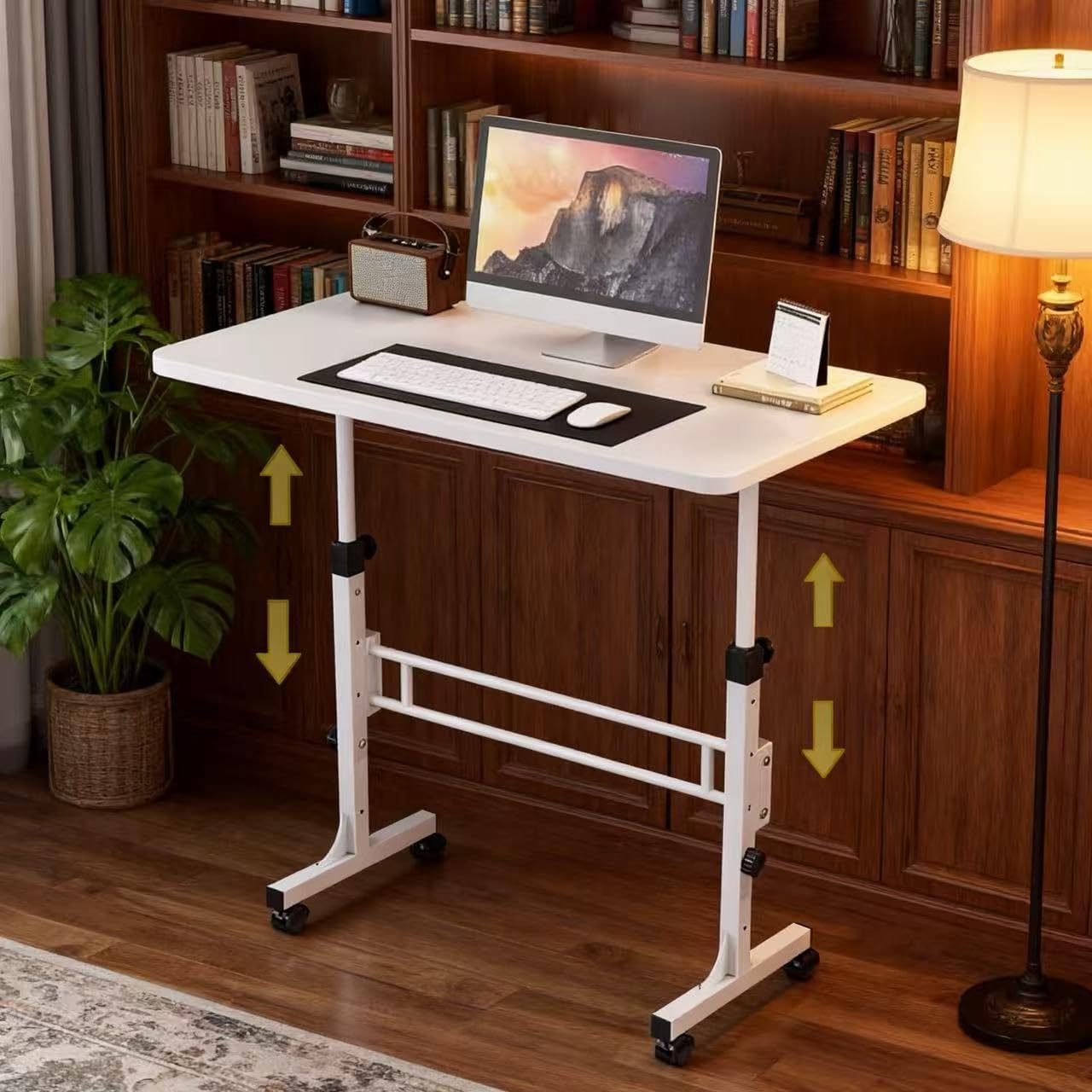 Mobile Small Standing Desk, Adjustable Height Rolling Desk for Home Office, Portable Sit Stand Computer Table with Lockable Wheels, Small Table for Bedroom, 31.5” x 15.75”, White