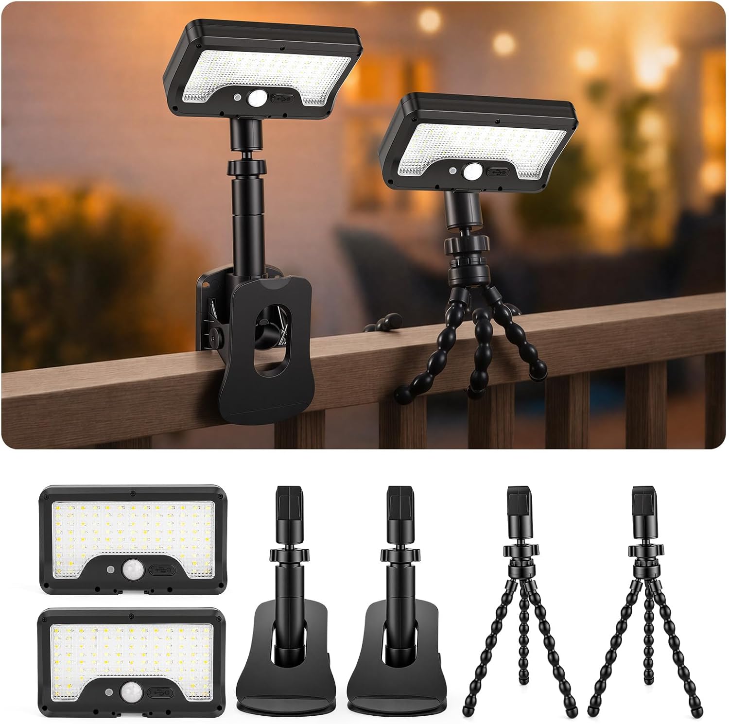 2 Pack Clip On Solar Lights Outdoor with Octopus Tripod, 92 LEDs 3 Color Temps & Remote Control, Motion Sensor Fence Lights Solar Powered, IP65 Waterproof Security Light for Deck, Gutter, Camping