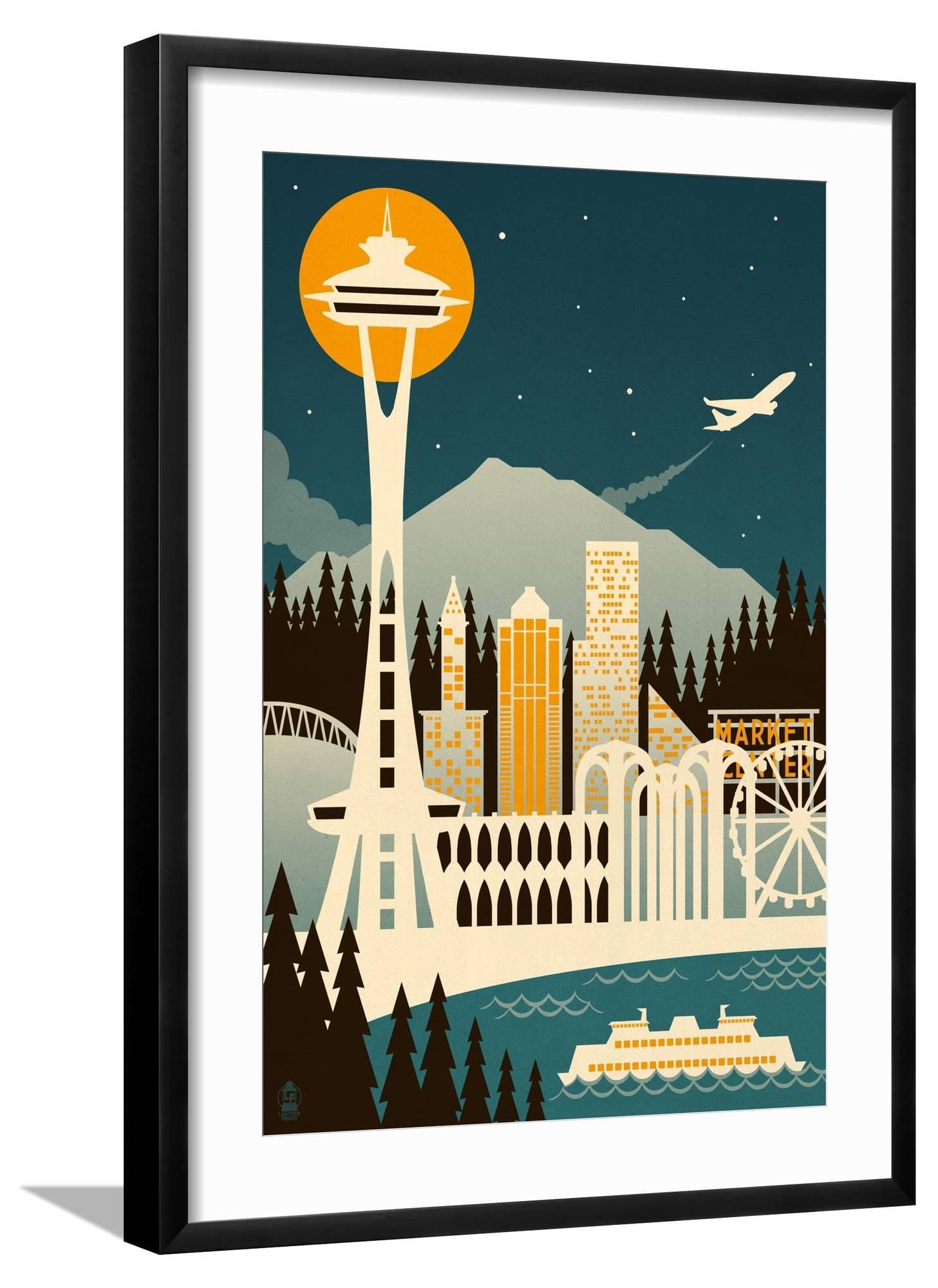 Photo 1 of ART.COM Seattle Retro Skyline Framed Wall Art Print