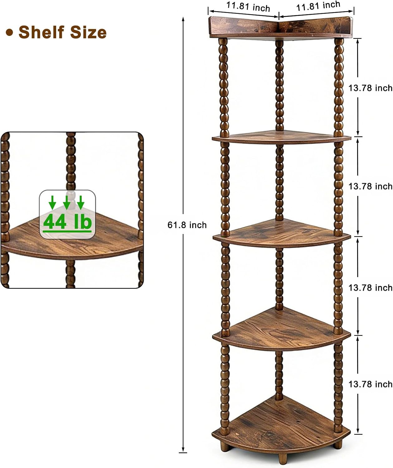Corner Shelf, 5-Tier Corner Bookshelf, Wood Corner Storage Display Shelf, Modern Standing Shelves for Home Decor, Living Room, Bedroom, Office, Small Space, Rustic Brown