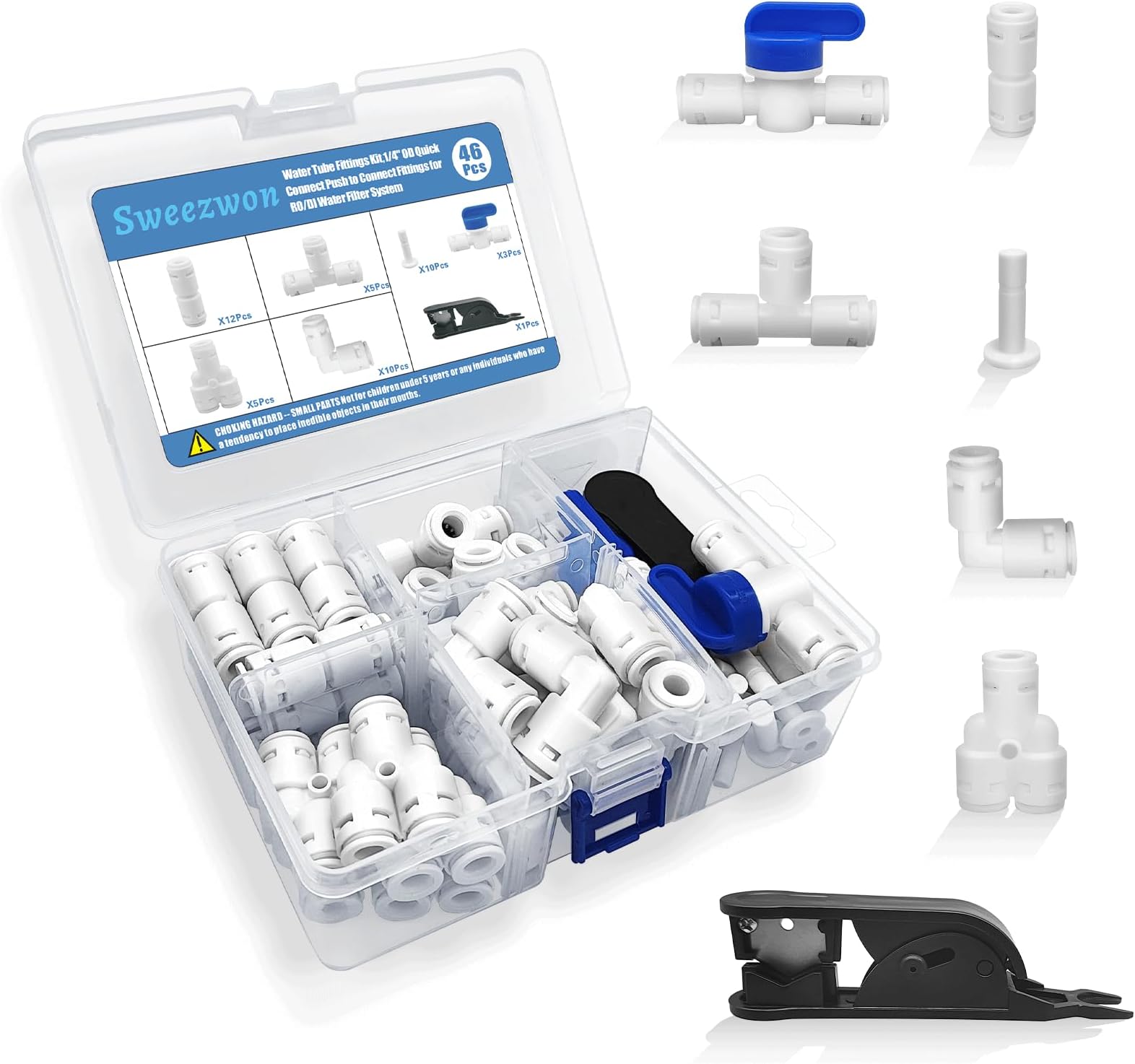 Water Tube Fittings Kit, 1/4" OD Quick Connect Push to Connect Fittings for RO/DI Water Filter System (Ball Valve+ T+ I+ L+ Y+ Professional Tubing Cutter, 46Pcs)