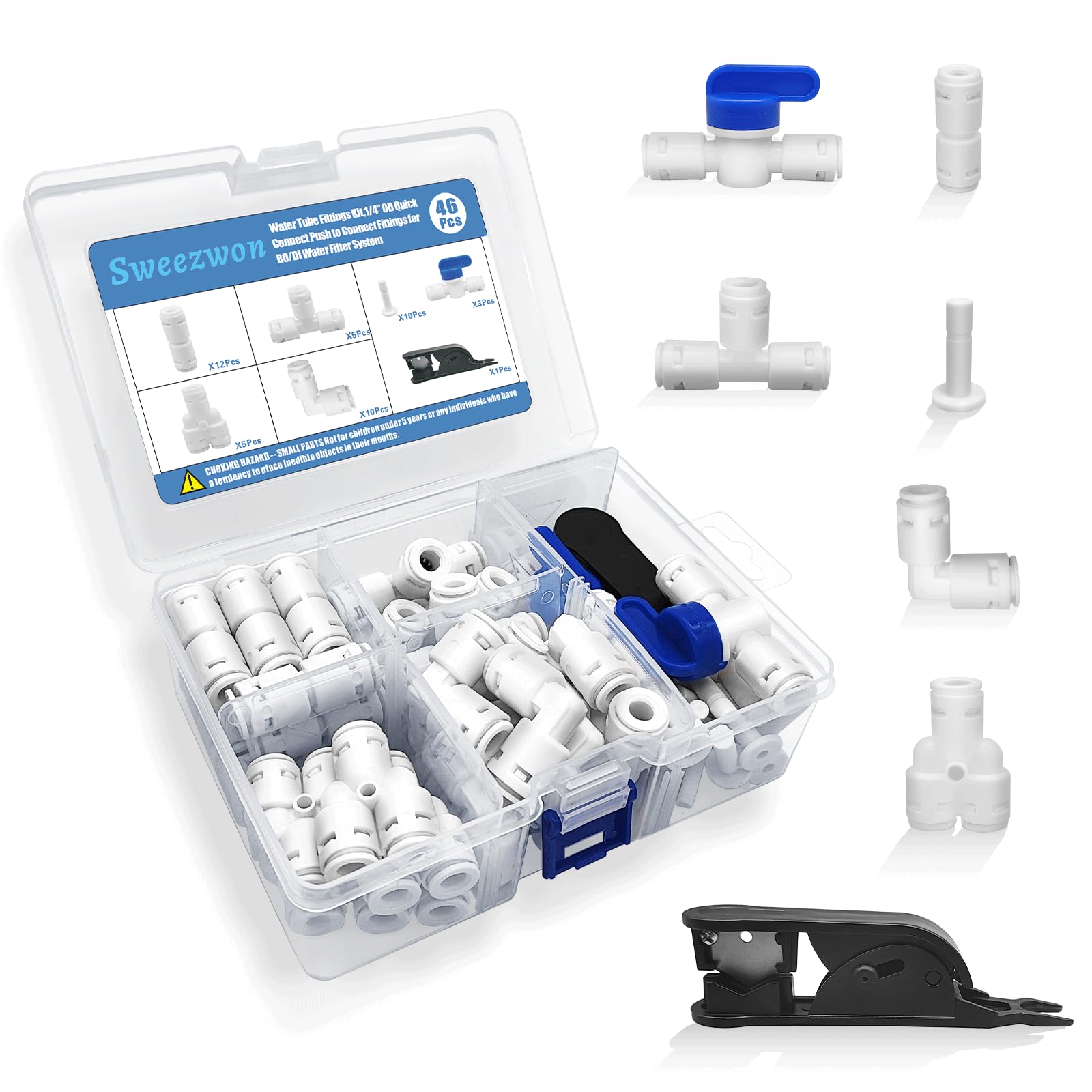 Water Tube Fittings Kit, 1/4" OD Quick Connect Push to Connect Fittings for RO/DI Water Filter System (Ball Valve+ T+ I+ L+ Y+ Professional Tubing Cutter, 46Pcs)