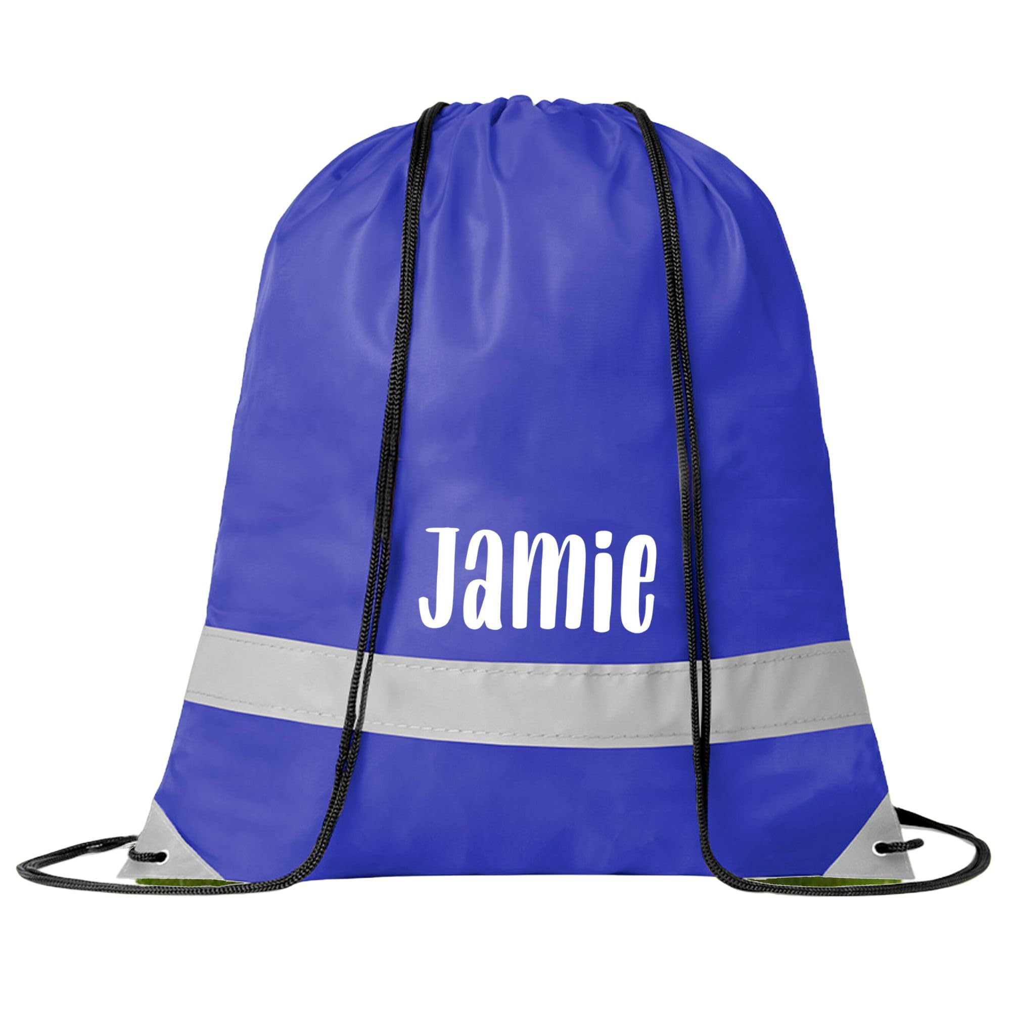eBuyGB Personalised High Visibility Drawstring Rucksack, Name on Nylon School Bag with Safety Reflective Band, Backpack for PE Kit, Swimming Gear (Blue)
