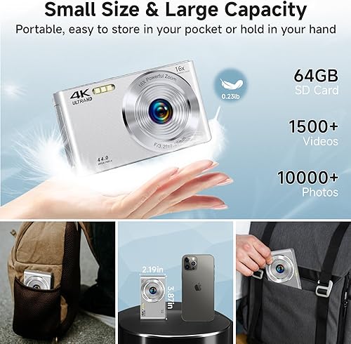 Miniatura 5 de Cámara digital, cámaras digitales de enfoque automático 4K 44MP 2025 para adolescentes, cámara plateada de punto y disparo para niños con zoom de