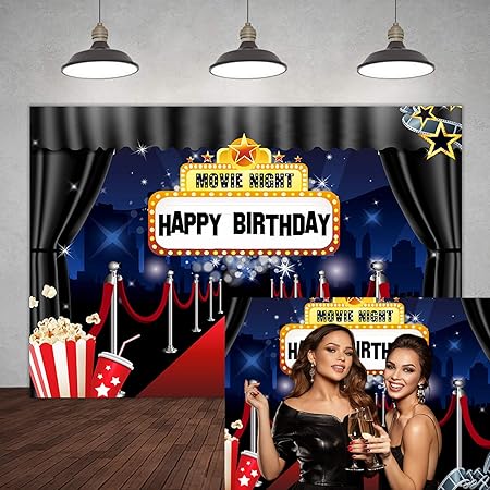 5×3ft Hollywood Movie Night Happy Birthday Backdrop Marquee Red Carpet Theme Adults Party Banner Decorations Popcorn Film Stars Celebrity Background for Photography Portrait Photo Shooting Studio