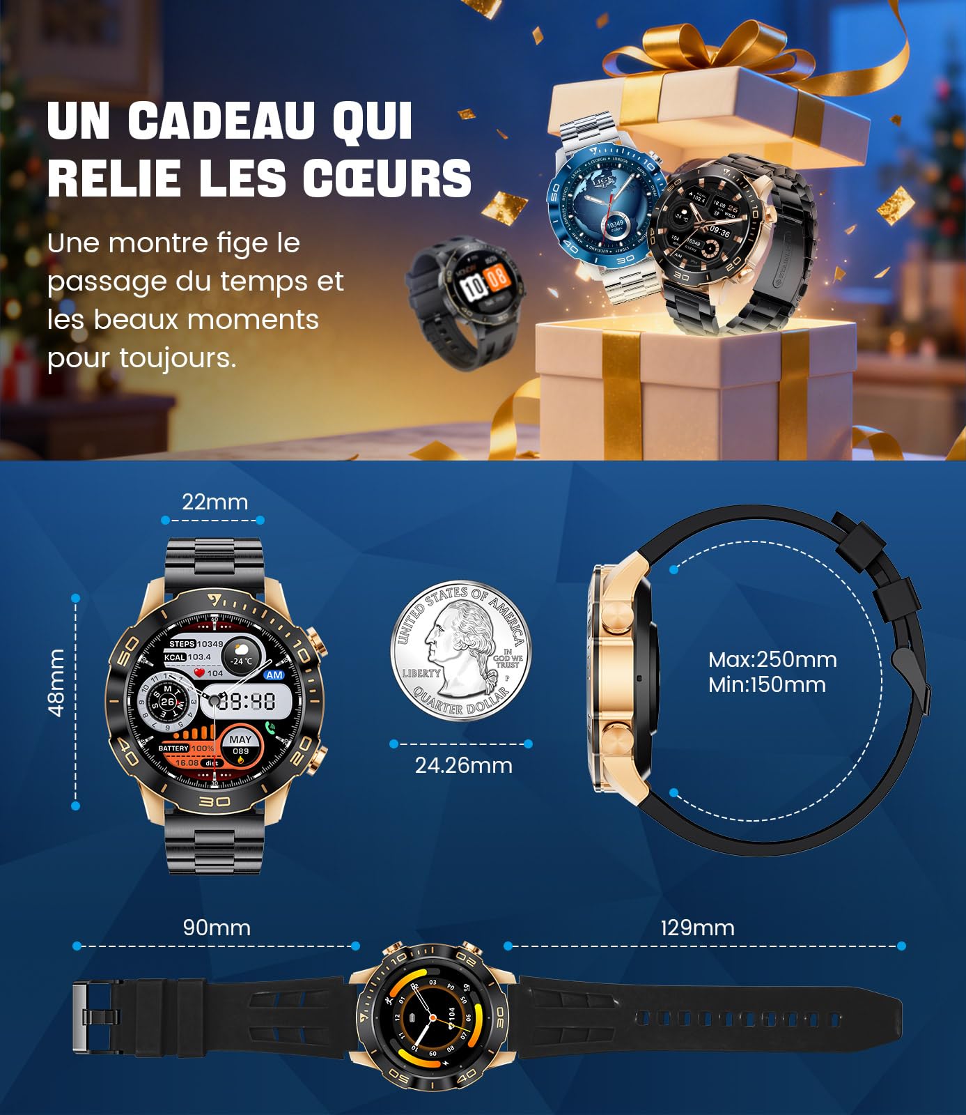 Montre Connectée Homme, Sports/D'affaires, 1,43" AMOLED Écran Smartwatch Homme avec Appel Bluetooth, IP68 Étanche, 170+ Modes Sportifs/Fréquence Cardiaque/Sommeil Compatible Android iOS, NoirAmbre