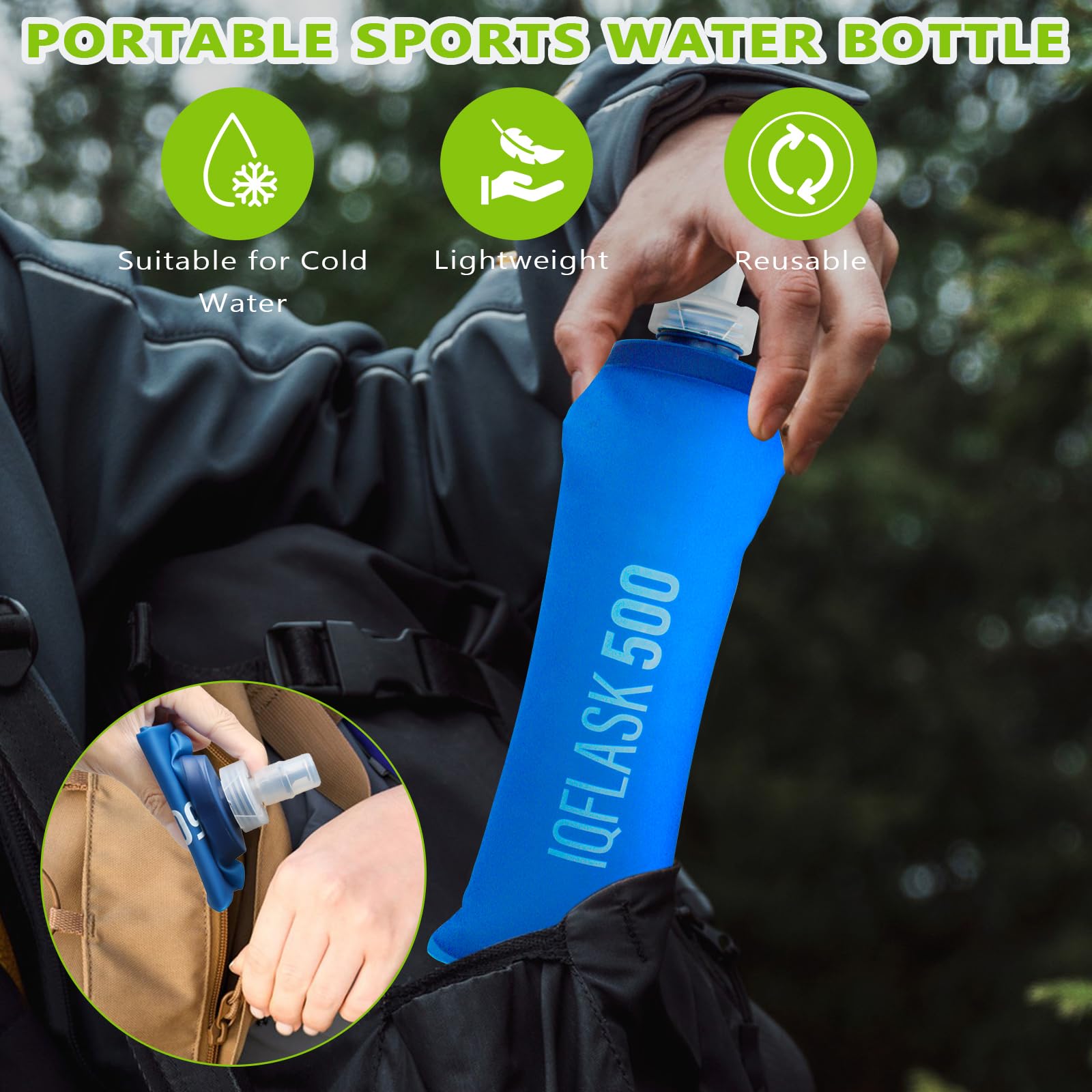 2 Pezzi Borraccia Morbida 500 ml, Soft Flask in TPU, Borraccia Pieghevole, Senza BPA, Bottiglia Pieghevole Riutilizzabile, per Running, Escursionismo, Campeggio e Alpinismo (Blu)